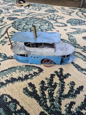 Vintage Style Blue Metal Paddle Boat Figurine
